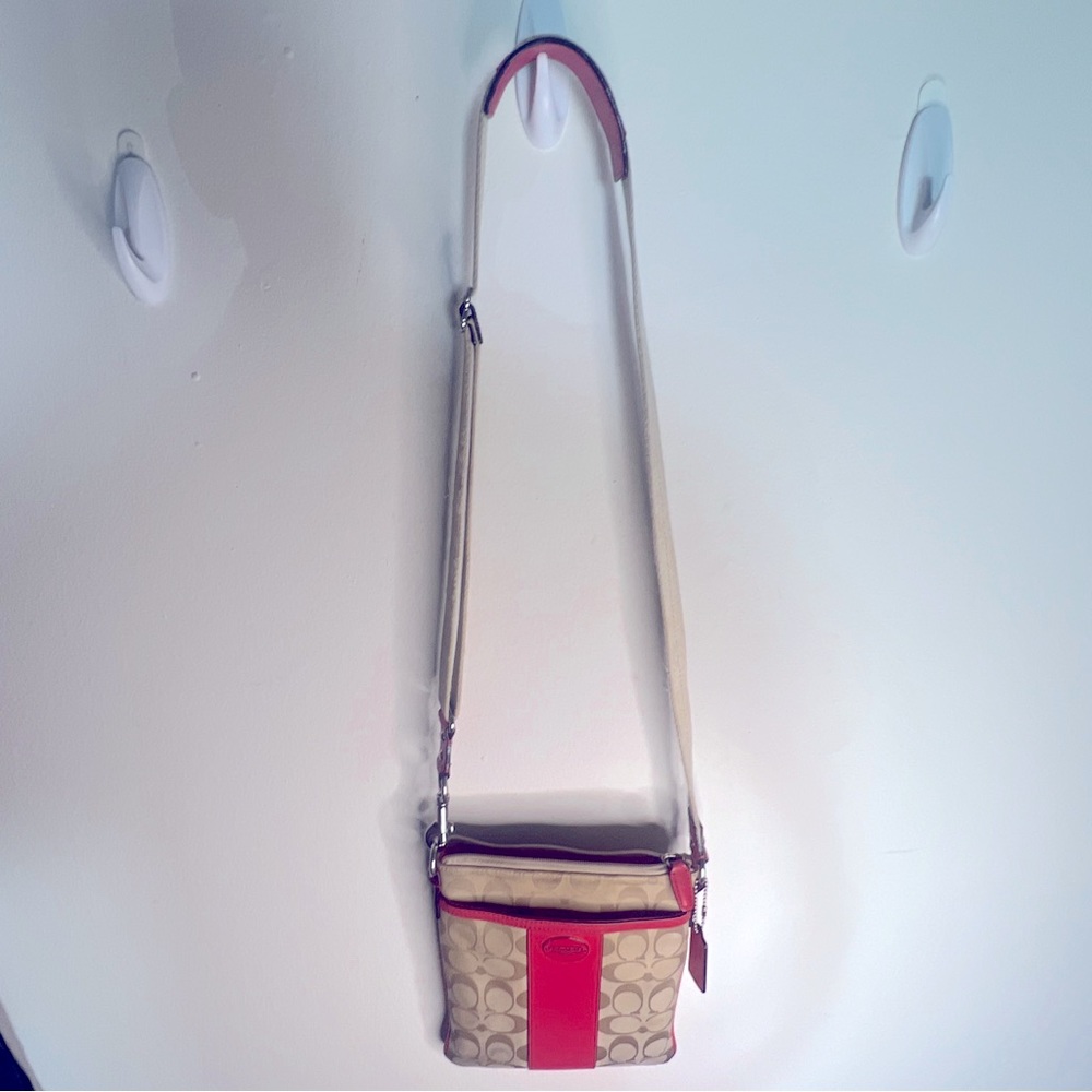 Coach York Brand Tan & Pink Shoulder Bag With Canvas strap & Pink Accents.